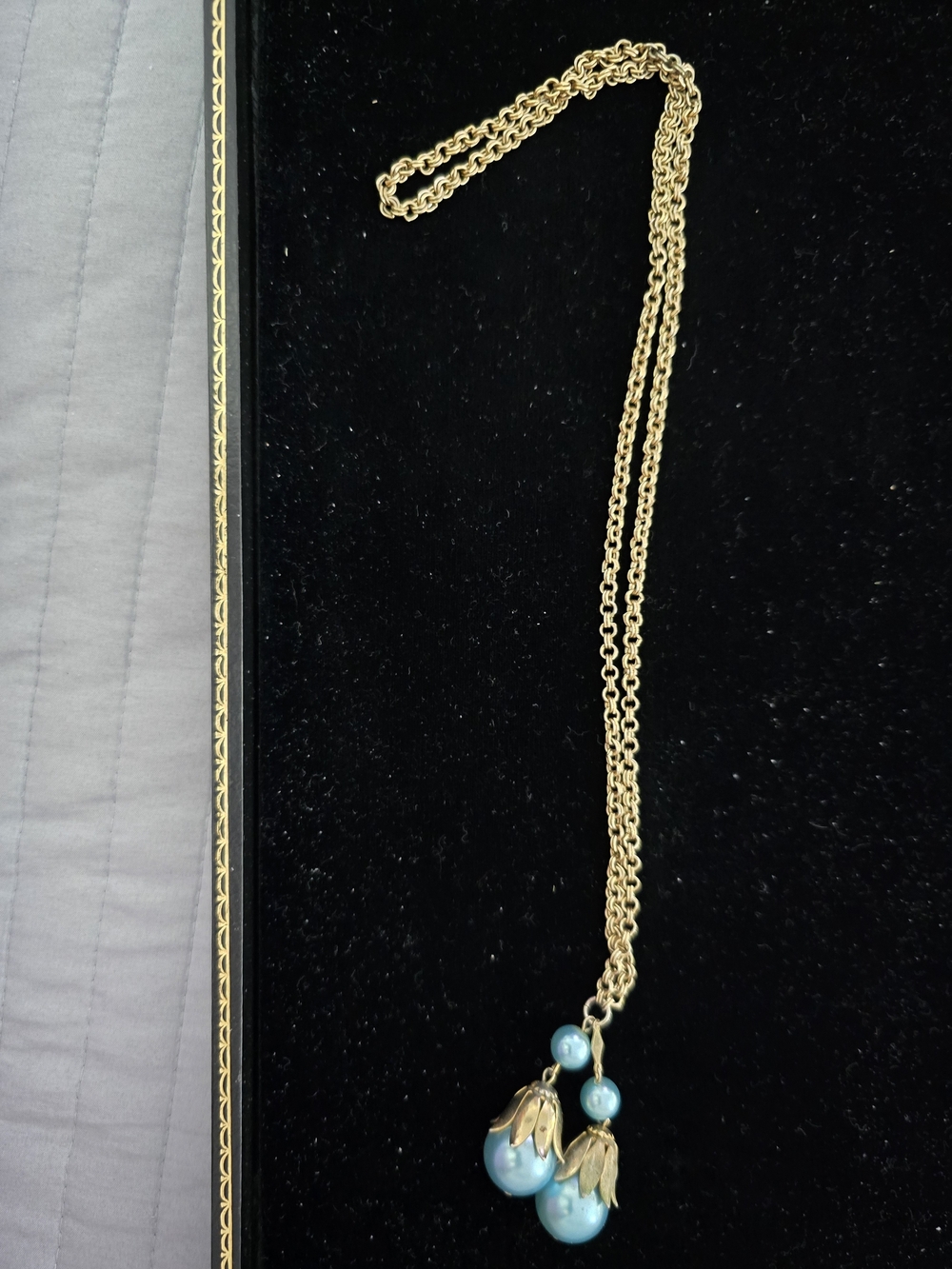 Gold Chain Necklace with Blue Pearl Drop Pendant